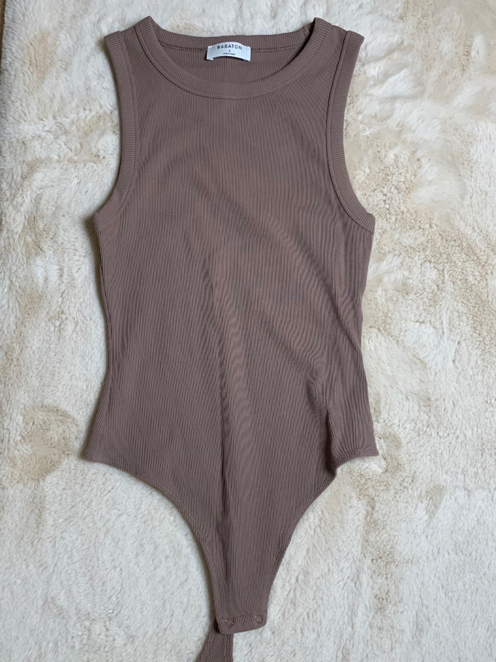 Babaton brown bodysuit ribbed, sleeveless thong style with a crew neckline sz S
